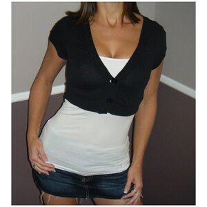 Cropped Midriff Cardigan Puff Sleeve Black 0087